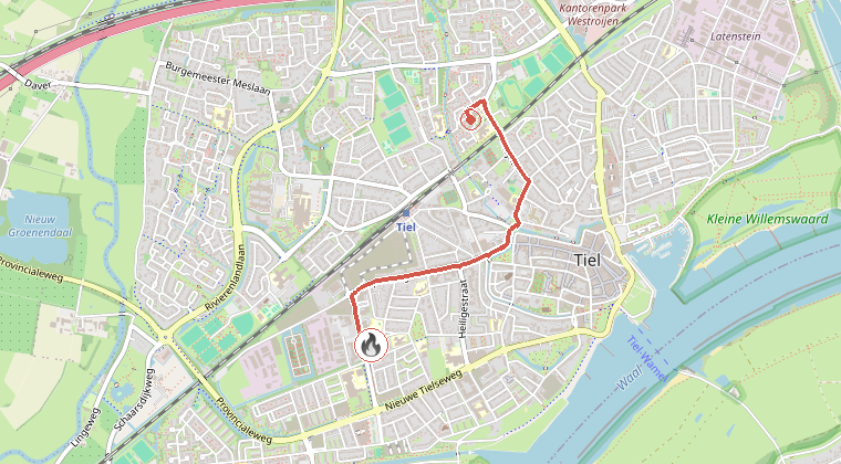 Kaart van de omgeving van de melding, met de kazerne die is gealarmeerd