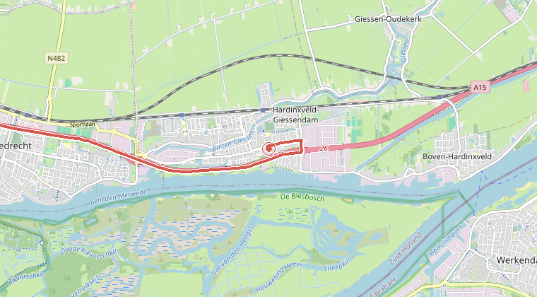 Kaart van de omgeving van de melding, met de kazerne die is gealarmeerd