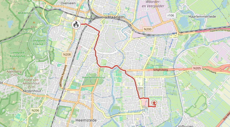Kaart van de omgeving van de melding, met de kazerne die is gealarmeerd