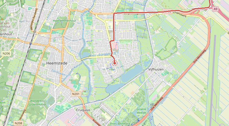 Kaart van de omgeving van de melding, met de kazerne die is gealarmeerd