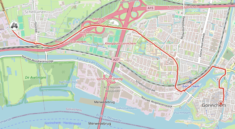 Kaart van de omgeving van de melding, met de kazerne die is gealarmeerd