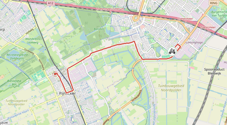 Kaart van de omgeving van de melding, met de kazerne die is gealarmeerd
