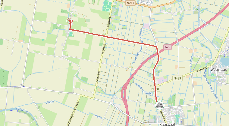 Kaart van de omgeving van de melding, met de kazerne die is gealarmeerd