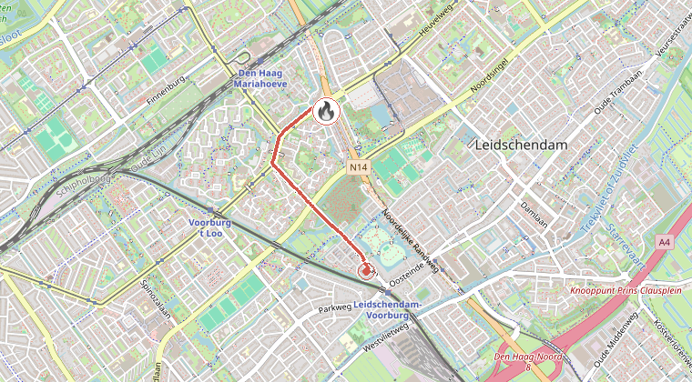 Kaart van de omgeving van de melding, met de kazerne die is gealarmeerd