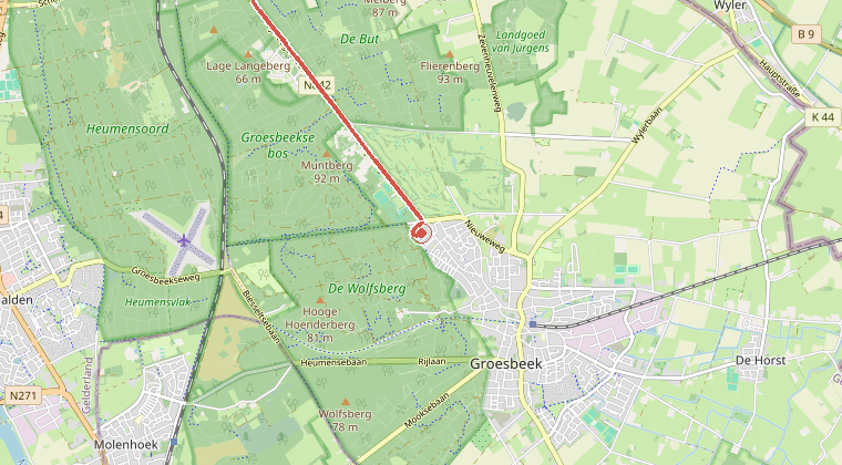 Kaart van de omgeving van de melding, met de kazerne die is gealarmeerd
