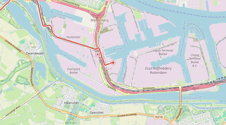 Kaart van de omgeving van de melding, met de kazerne die is gealarmeerd