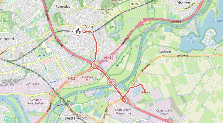 Kaart van de omgeving van de melding, met de kazerne die is gealarmeerd