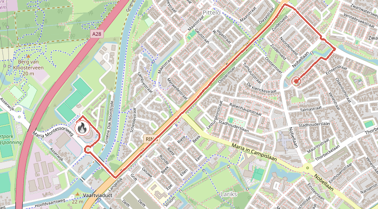 Kaart van de omgeving van de melding, met de kazerne die is gealarmeerd