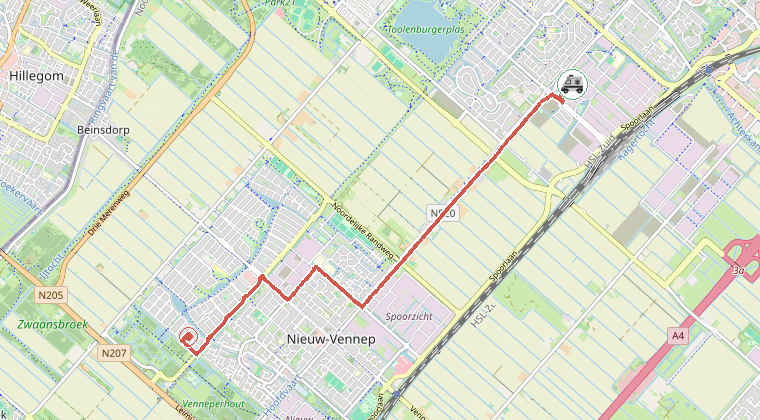Kaart van de omgeving van de melding, met de kazerne die is gealarmeerd