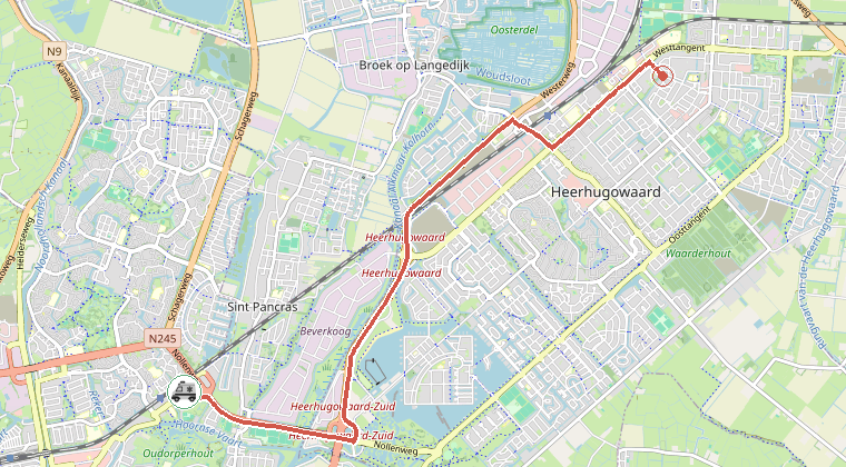 Kaart van de omgeving van de melding, met de kazerne die is gealarmeerd