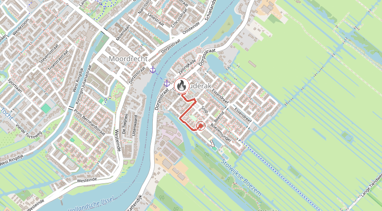 Kaart van de omgeving van de melding, met de kazerne die is gealarmeerd
