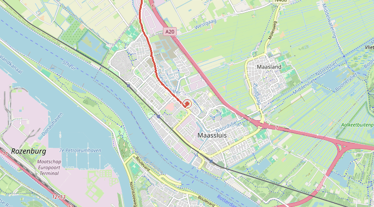 Kaart van de omgeving van de melding, met de kazerne die is gealarmeerd