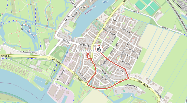 Kaart van de omgeving van de melding, met de kazerne die is gealarmeerd