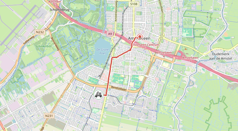 Kaart van de omgeving van de melding, met de kazerne die is gealarmeerd