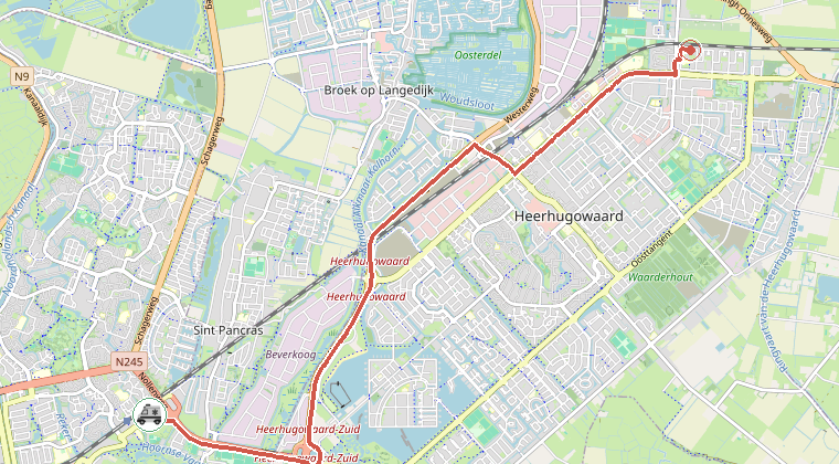 Kaart van de omgeving van de melding, met de kazerne die is gealarmeerd