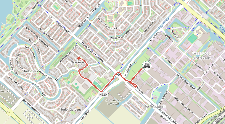Kaart van de omgeving van de melding, met de kazerne die is gealarmeerd