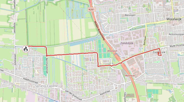 Kaart van de omgeving van de melding, met de kazerne die is gealarmeerd