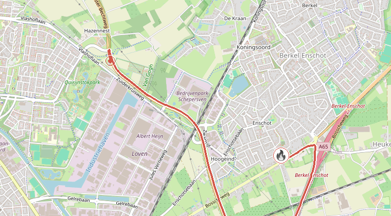 Kaart van de omgeving van de melding, met de kazerne die is gealarmeerd