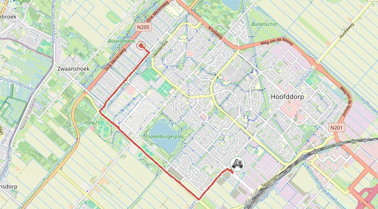 Kaart van de omgeving van de melding, met de kazerne die is gealarmeerd