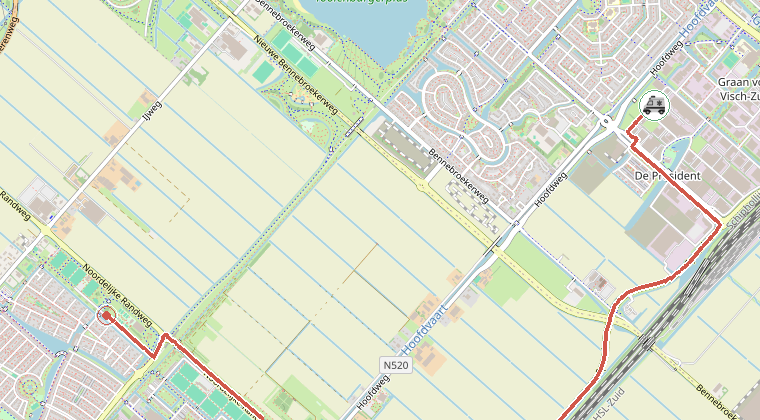 Kaart van de omgeving van de melding, met de kazerne die is gealarmeerd