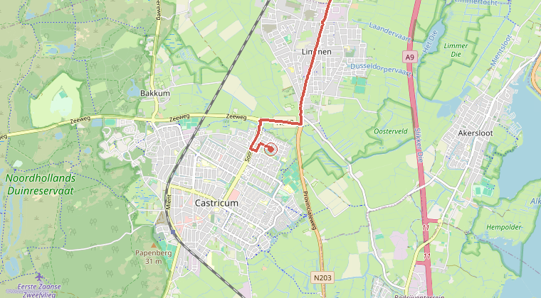 Kaart van de omgeving van de melding, met de kazerne die is gealarmeerd