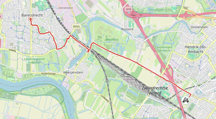 Kaart van de omgeving van de melding, met de kazerne die is gealarmeerd