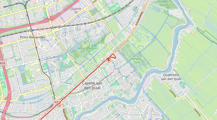 Kaart van de omgeving van de melding, met de kazerne die is gealarmeerd