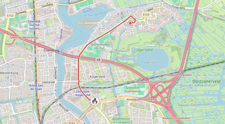 Kaart van de omgeving van de melding, met de kazerne die is gealarmeerd