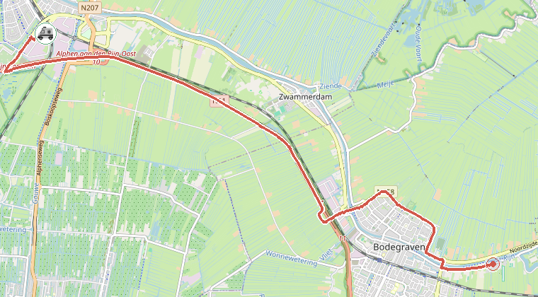 Kaart van de omgeving van de melding, met de kazerne die is gealarmeerd