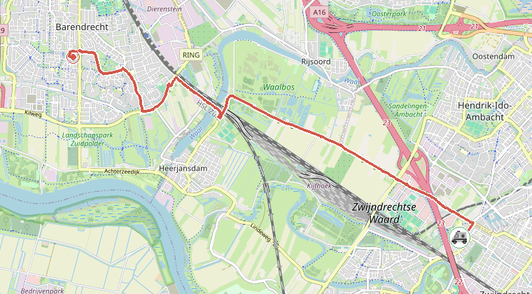Kaart van de omgeving van de melding, met de kazerne die is gealarmeerd