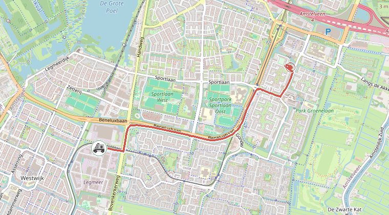 Kaart van de omgeving van de melding, met de kazerne die is gealarmeerd
