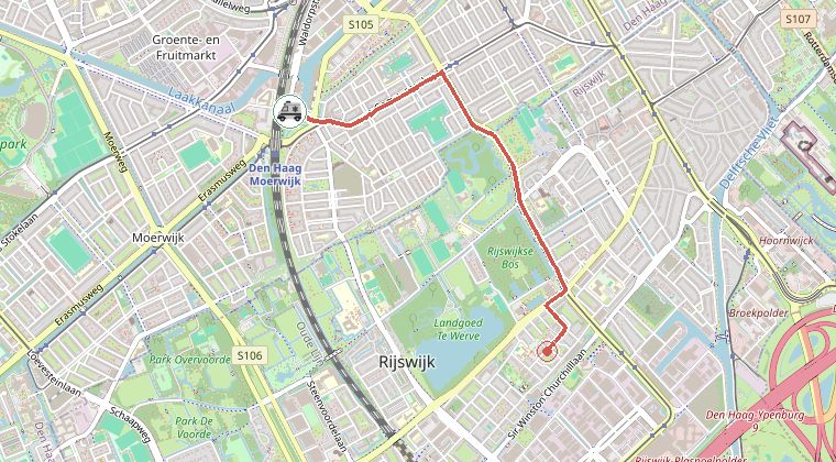 Kaart van de omgeving van de melding, met de kazerne die is gealarmeerd