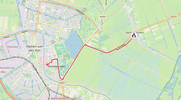 Kaart van de omgeving van de melding, met de kazerne die is gealarmeerd