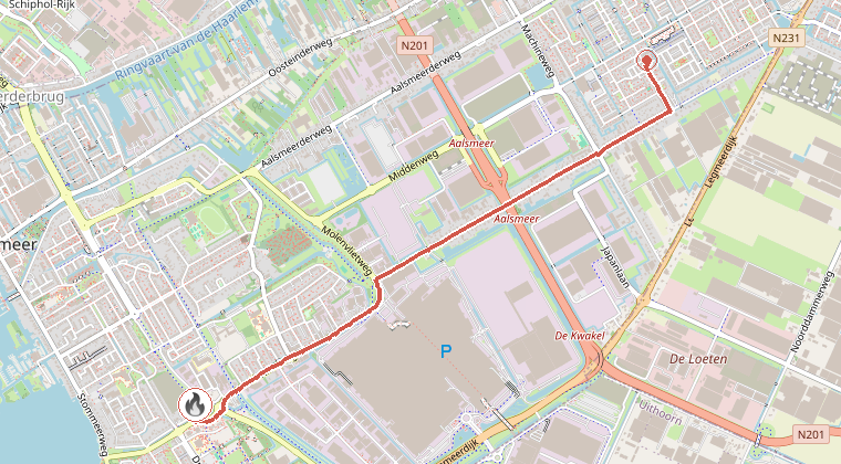 Kaart van de omgeving van de melding, met de kazerne die is gealarmeerd