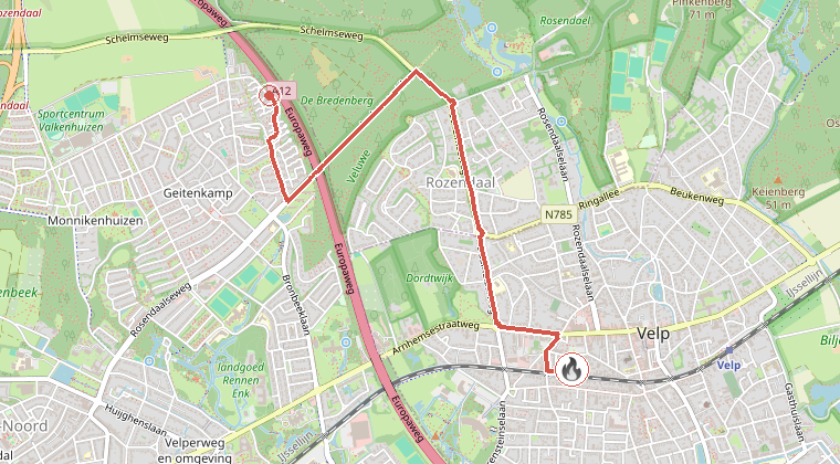Kaart van de omgeving van de melding, met de kazerne die is gealarmeerd