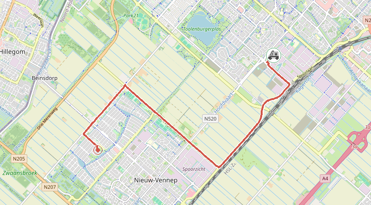 Kaart van de omgeving van de melding, met de kazerne die is gealarmeerd