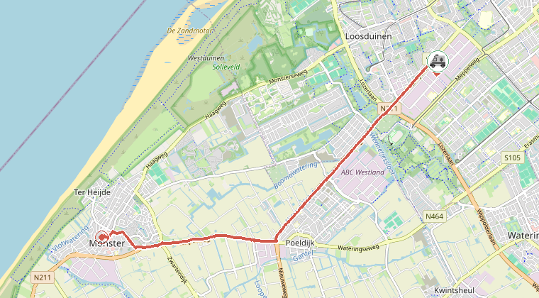 Kaart van de omgeving van de melding, met de kazerne die is gealarmeerd