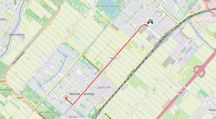 Kaart van de omgeving van de melding, met de kazerne die is gealarmeerd