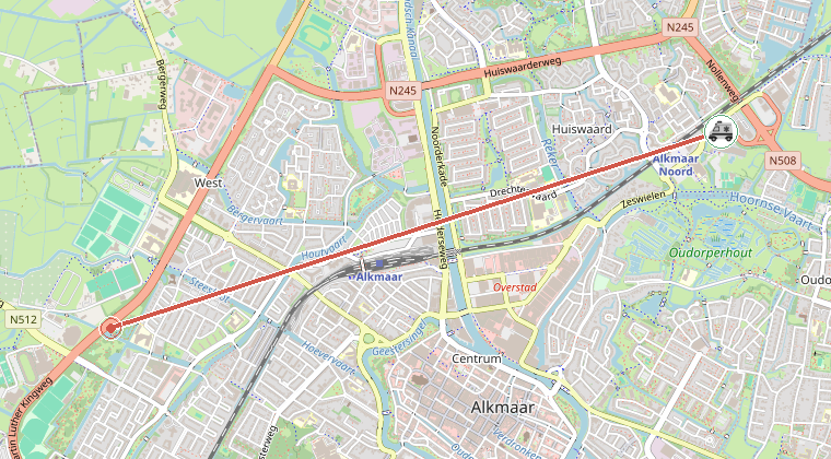 Kaart van de omgeving van de melding, met de kazerne die is gealarmeerd