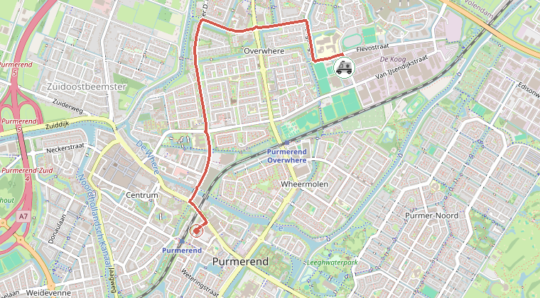 Kaart van de omgeving van de melding, met de kazerne die is gealarmeerd