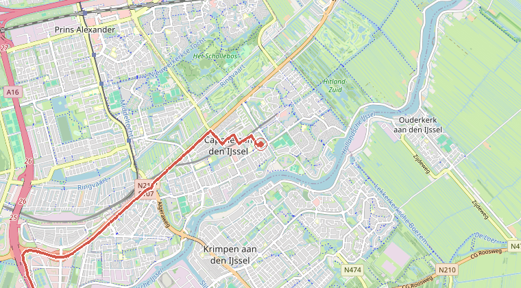 Kaart van de omgeving van de melding, met de kazerne die is gealarmeerd