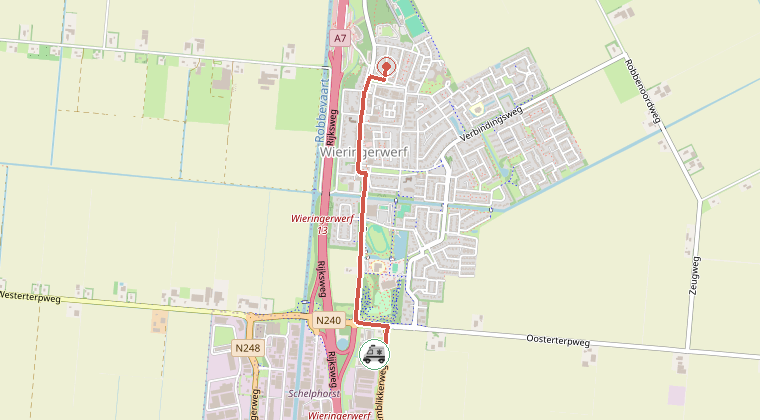 Kaart van de omgeving van de melding, met de kazerne die is gealarmeerd