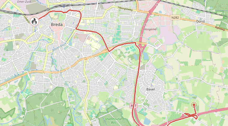 Kaart van de omgeving van de melding, met de kazerne die is gealarmeerd