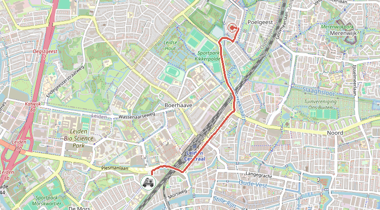 Kaart van de omgeving van de melding, met de kazerne die is gealarmeerd