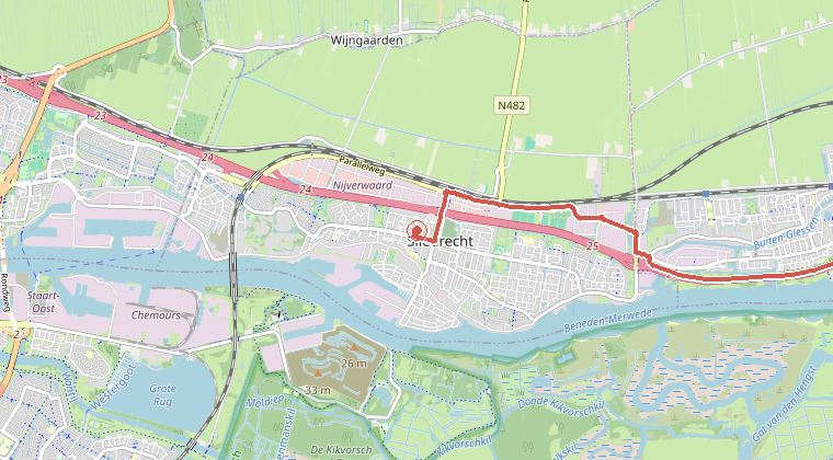 Kaart van de omgeving van de melding, met de kazerne die is gealarmeerd