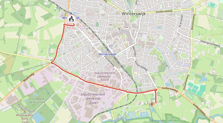Kaart van de omgeving van de melding, met de kazerne die is gealarmeerd