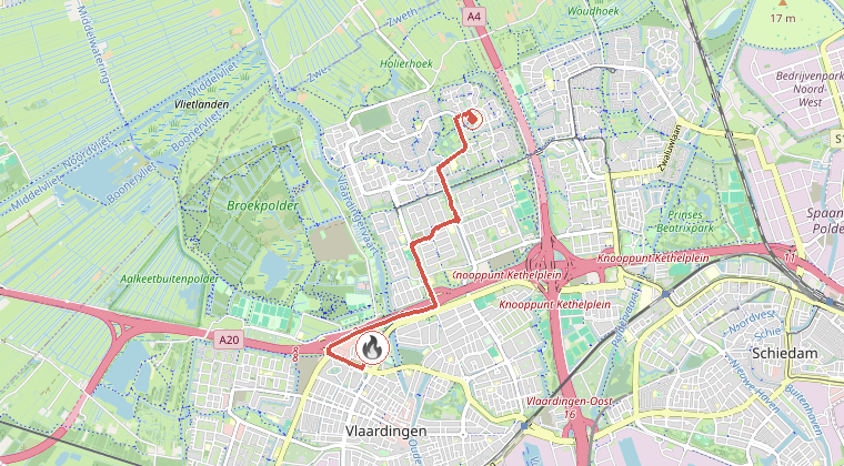 Kaart van de omgeving van de melding, met de kazerne die is gealarmeerd
