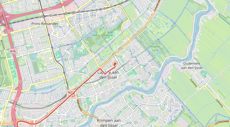 Kaart van de omgeving van de melding, met de kazerne die is gealarmeerd