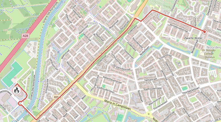 Kaart van de omgeving van de melding, met de kazerne die is gealarmeerd