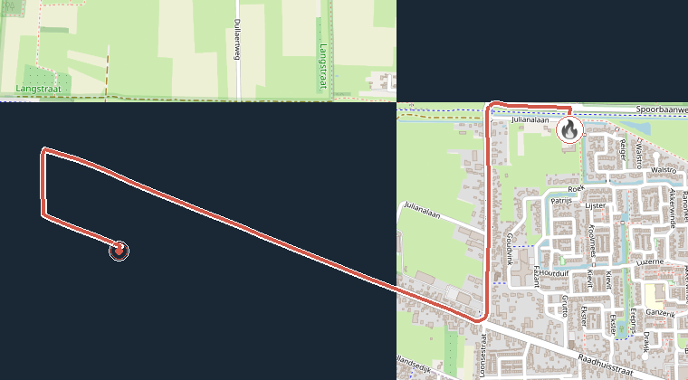 Kaart van de omgeving van de melding, met de kazerne die is gealarmeerd